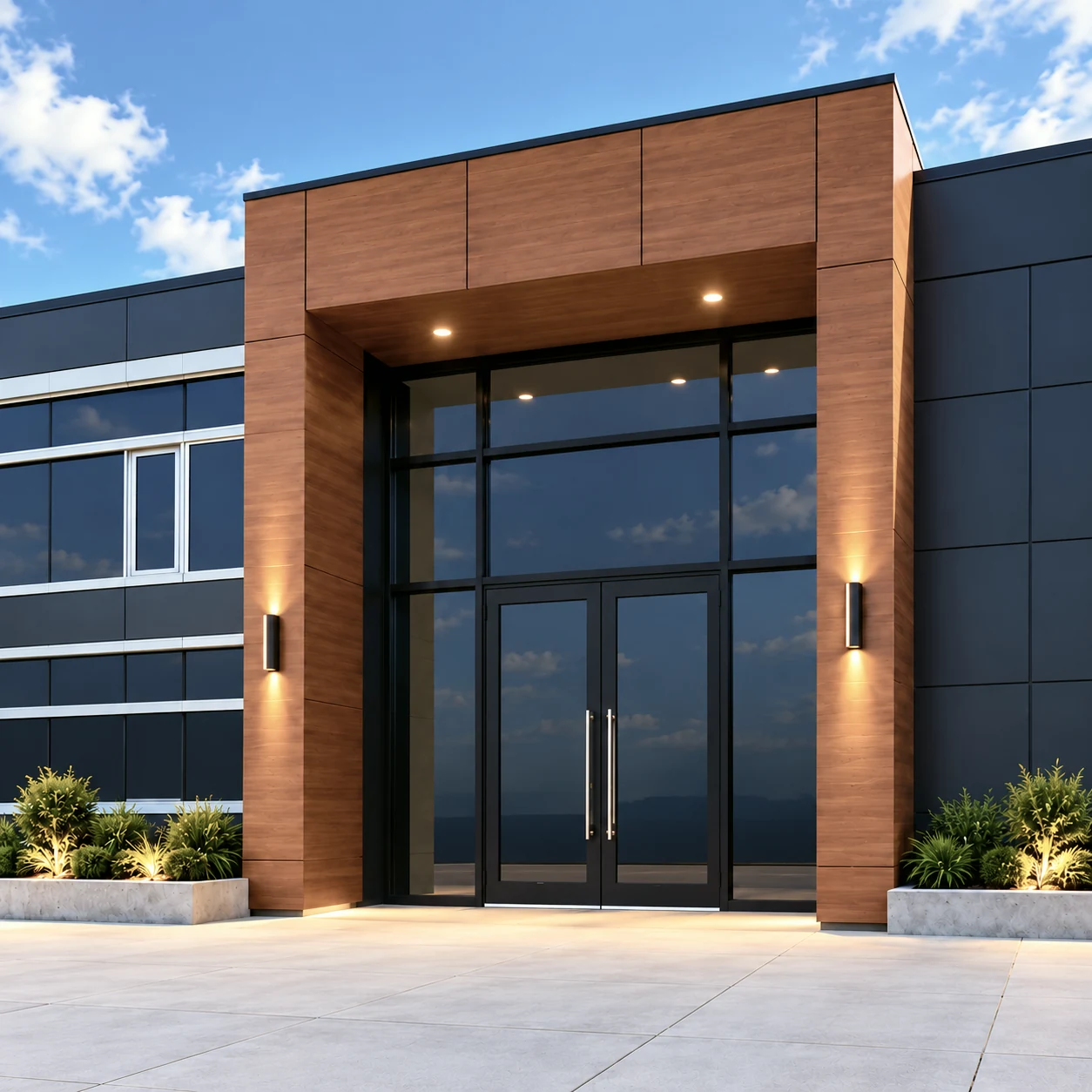 A modern building entrance with wood cladding, glass doors and landscaped greenery