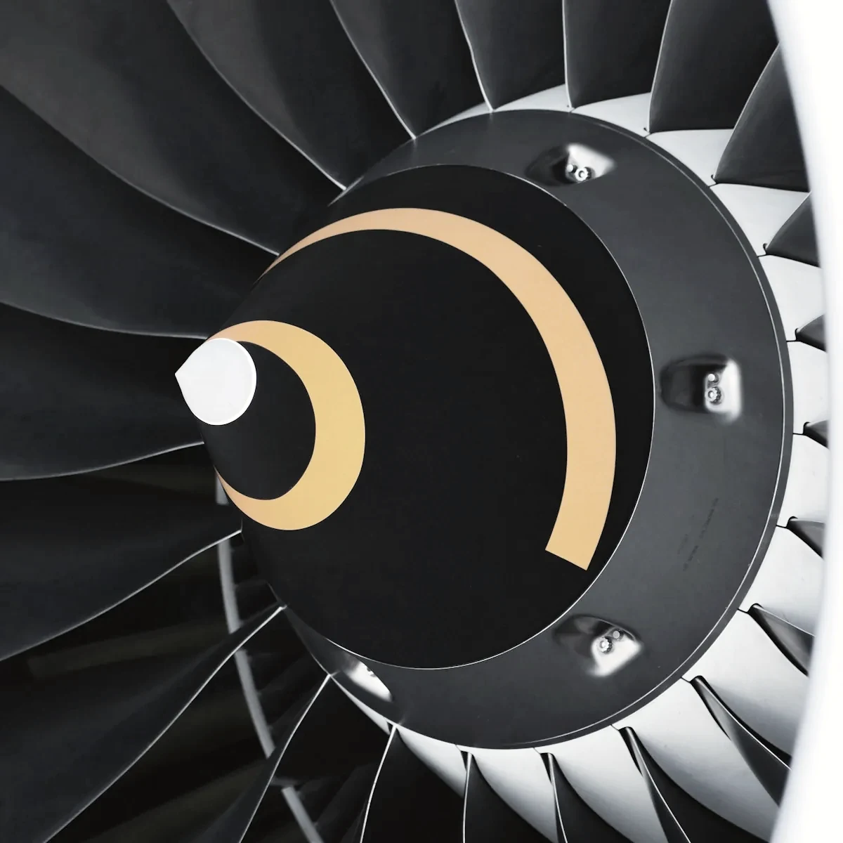 Close-up of a jet engine fan and spinner