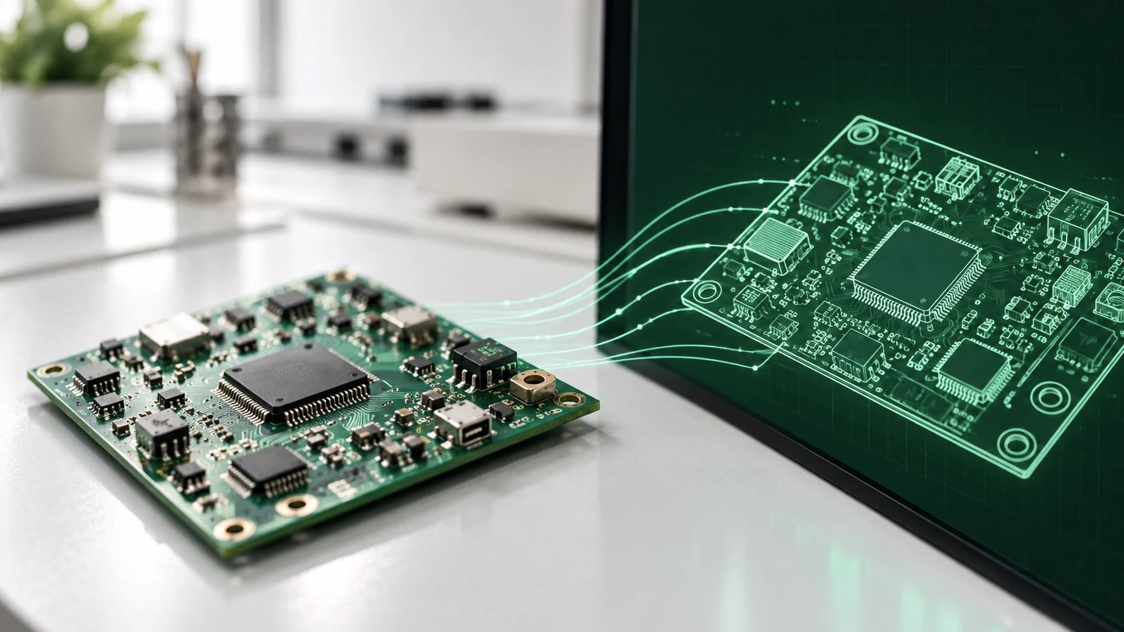 A green printed circuit board on a workbench beside its glowing wireframe digital twin on a dark green screen, linked by data lines