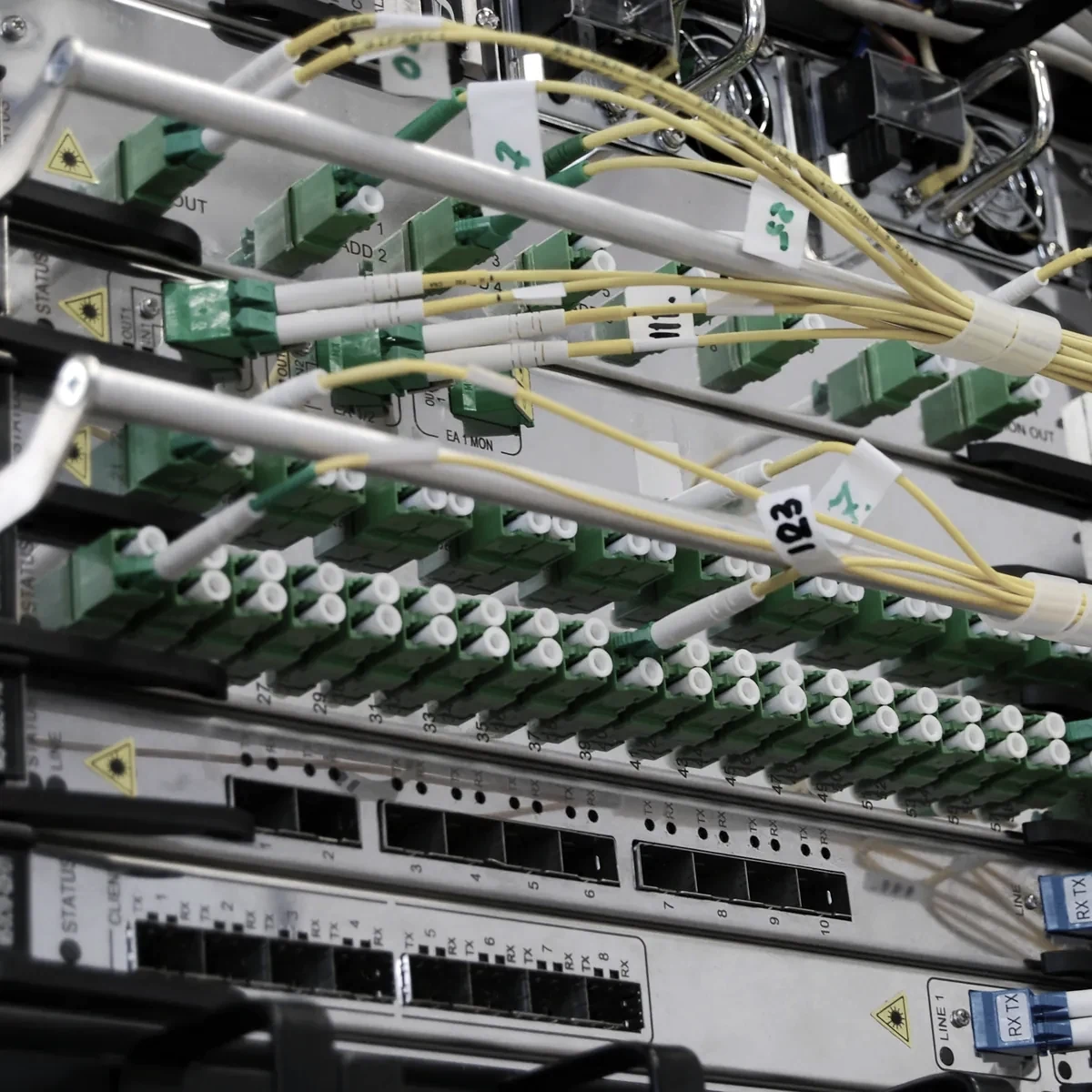 Fibre optic cables connected to a network switch