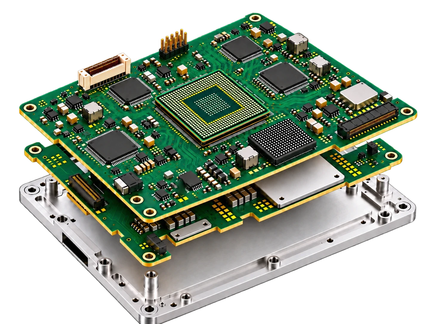 Layered green PCB assembly with exposed chip connections, precision components and a metal base