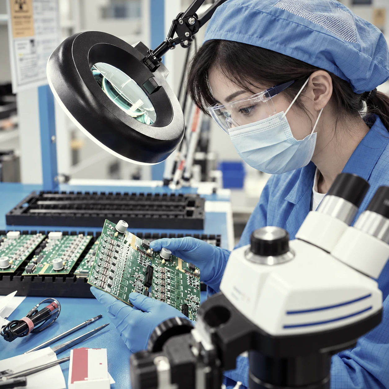A technician in blue protective clothing examining a green circuit board with magnifying inspection equipment