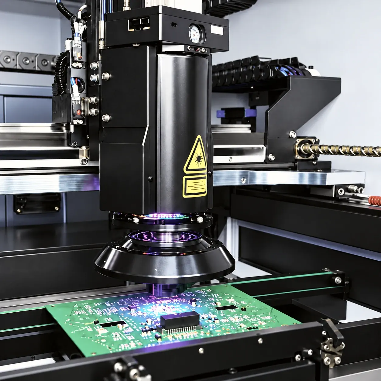 Automated optical inspection head scanning a populated green circuit board
